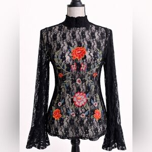 MOD Black Lace Embroidered Floral Mock Neck Sheer Top with Bell Sleeves, Size S